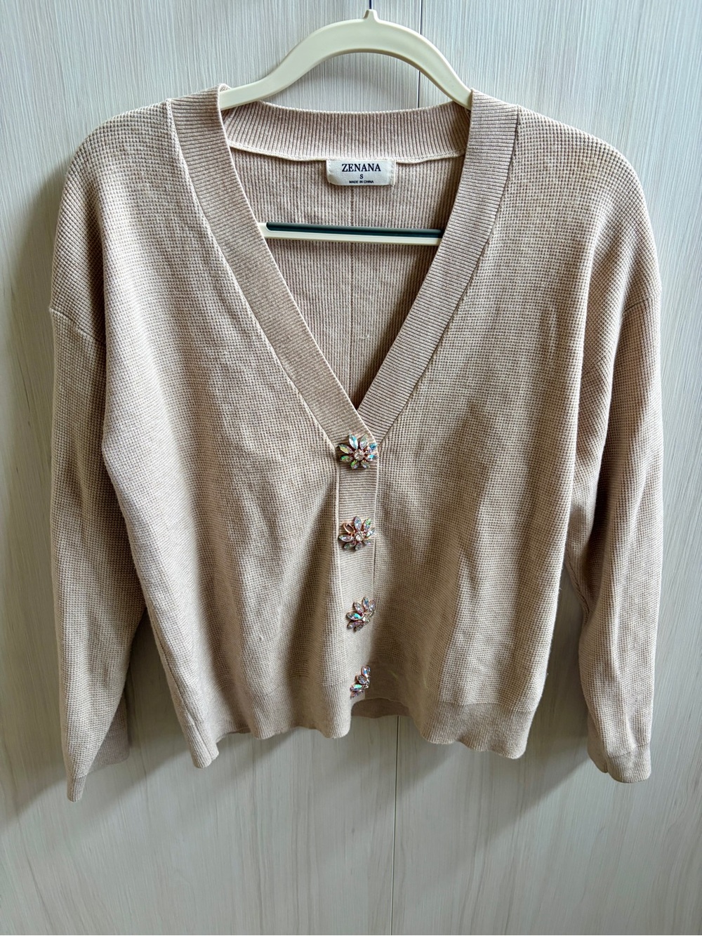 Cream Zenana cardigan sweater with crystal buttons